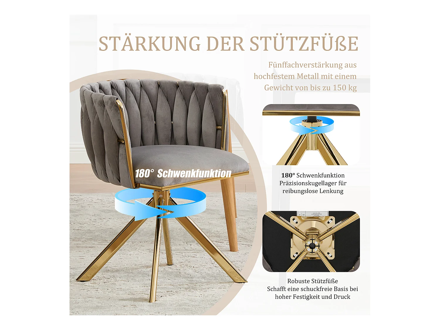 Lot de 2 Chaises pivotante grises - Chaise coquillage avec pieds en métal doré - Style contemporain