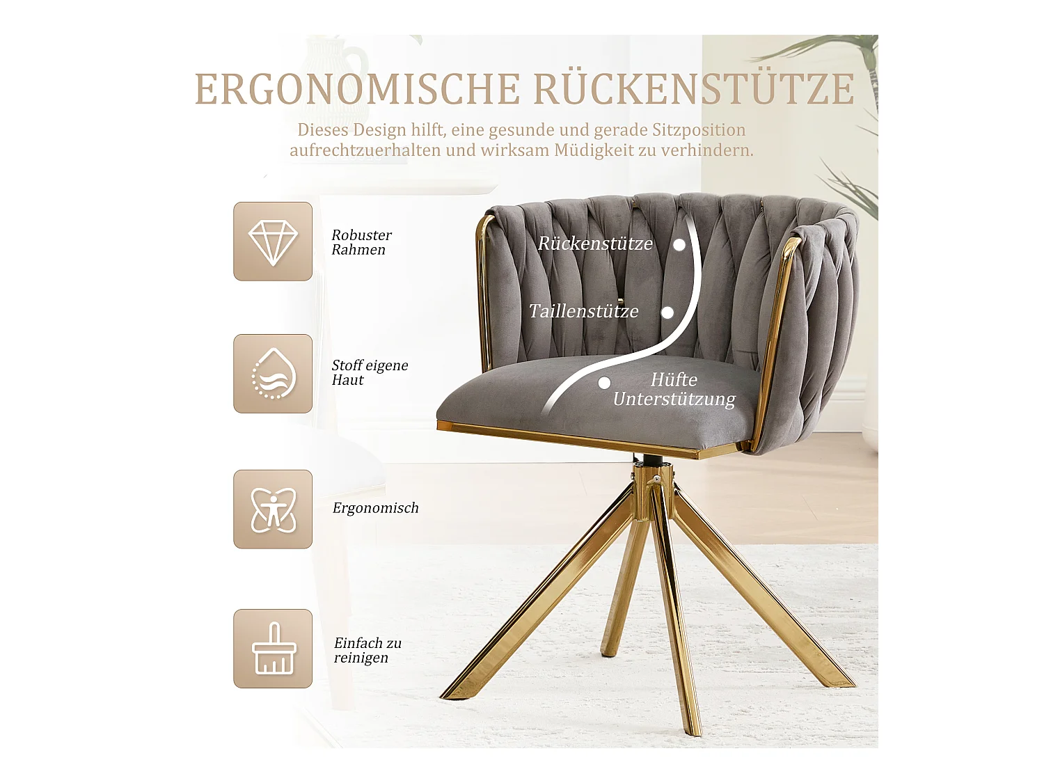 Lot de 2 Chaises pivotante grises - Chaise coquillage avec pieds en métal doré - Style contemporain