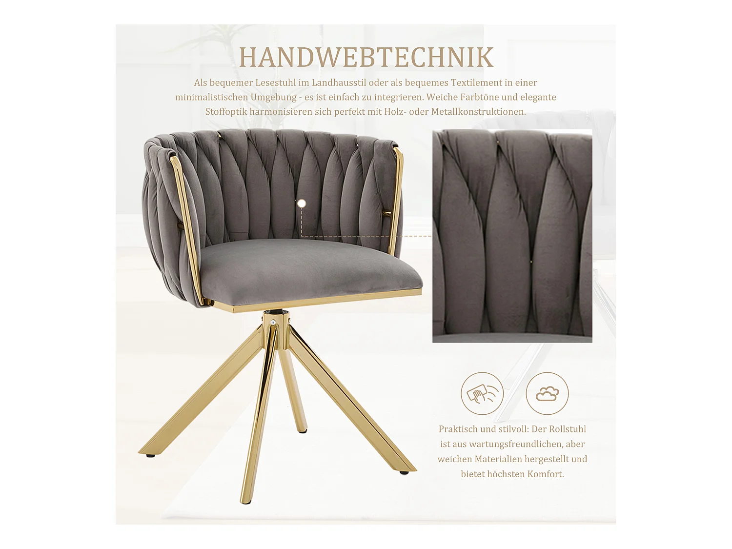 Lot de 2 Chaises pivotante grises - Chaise coquillage avec pieds en métal doré - Style contemporain