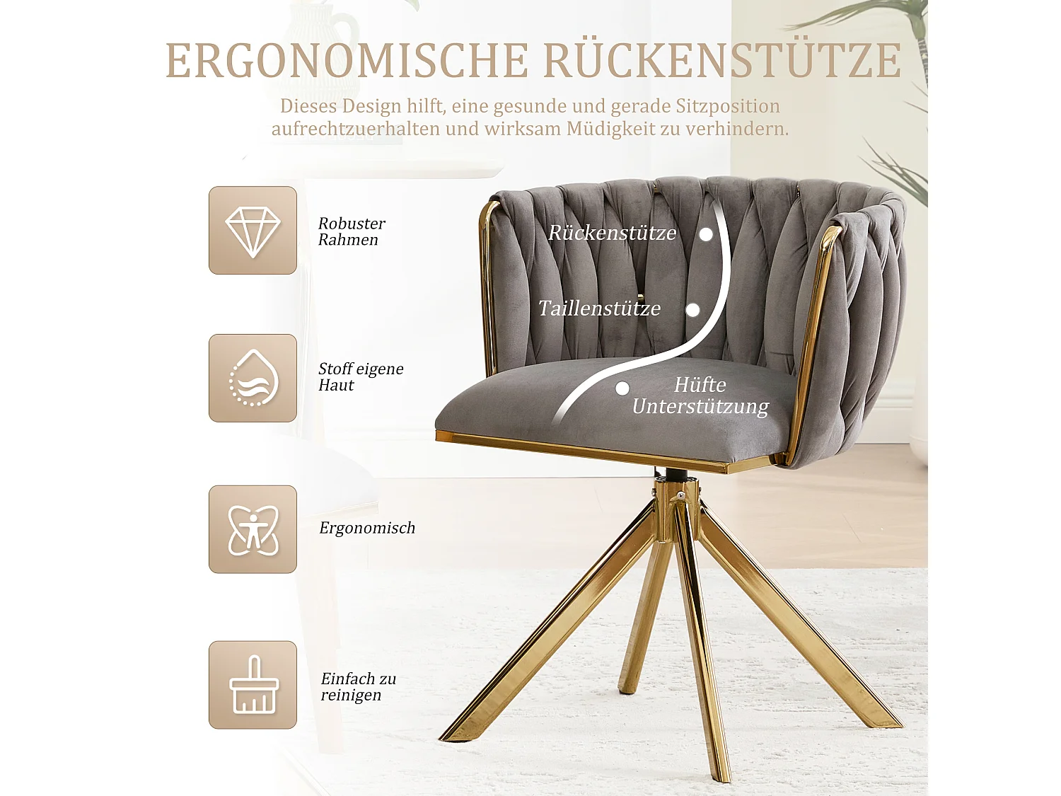 Lot de 2 Chaises pivotante grises - Chaise coquillage avec pieds en métal doré - Style contemporain