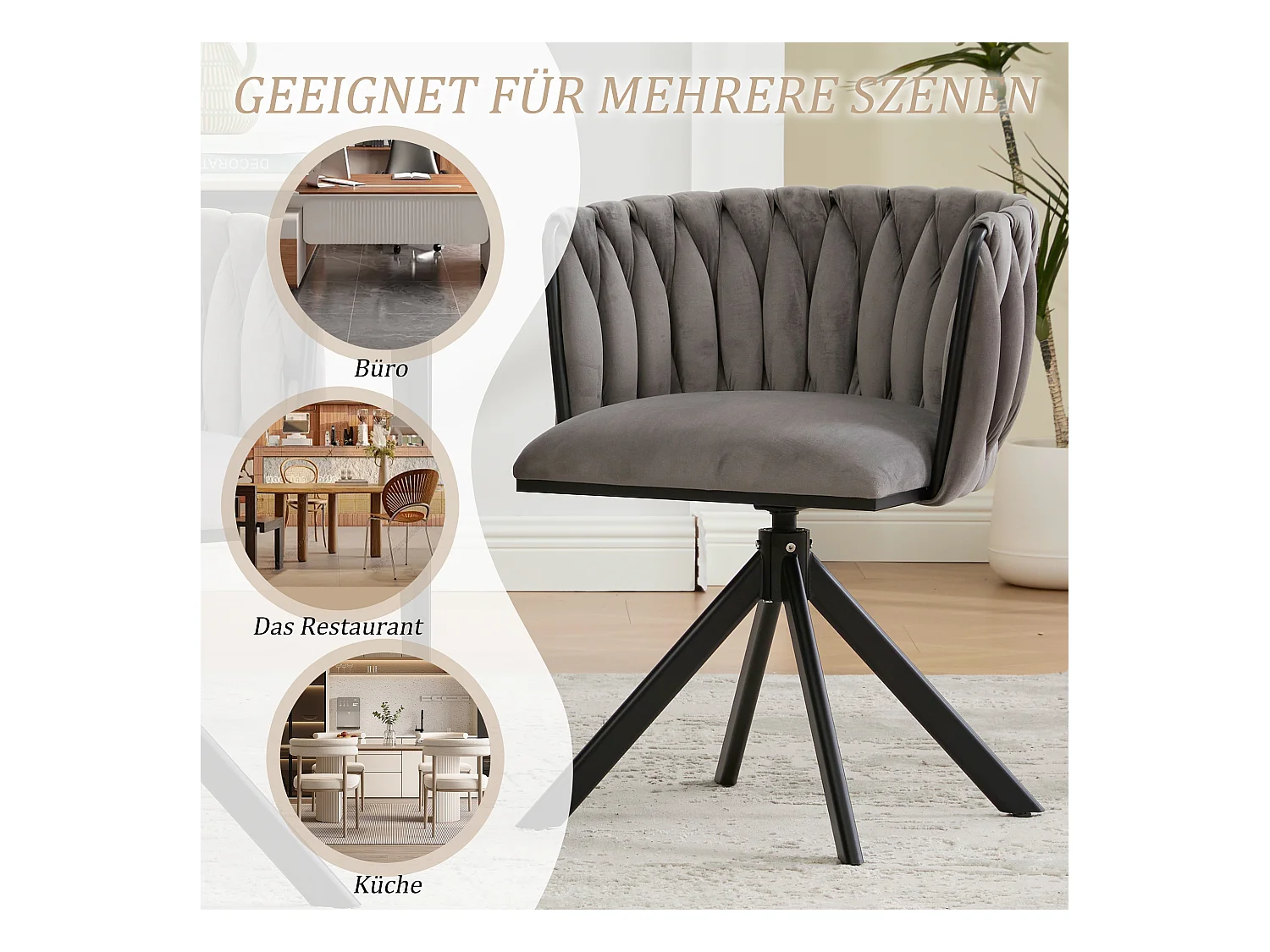 Lot de 2 Chaises pivotante grises - Chaise coquillage avec pieds noirs - Style contemporain