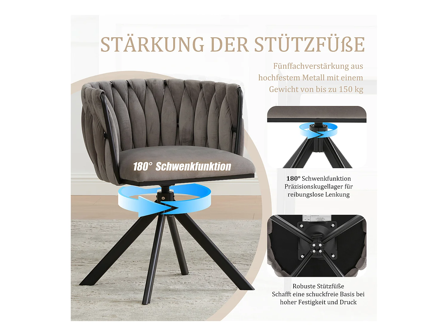 Lot de 2 Chaises pivotante grises - Chaise coquillage avec pieds noirs - Style contemporain