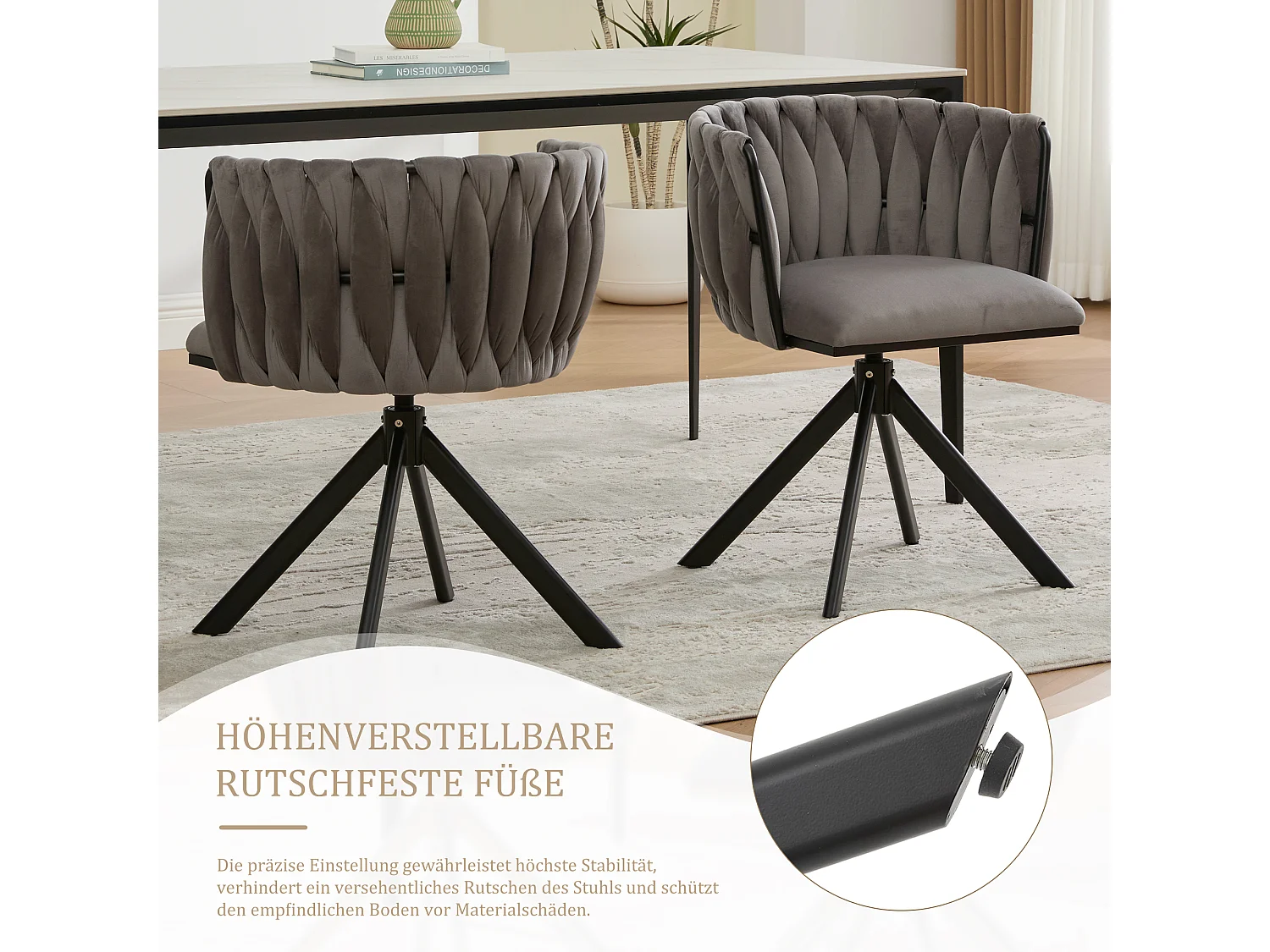 Lot de 2 Chaises pivotante grises - Chaise coquillage avec pieds noirs - Style contemporain