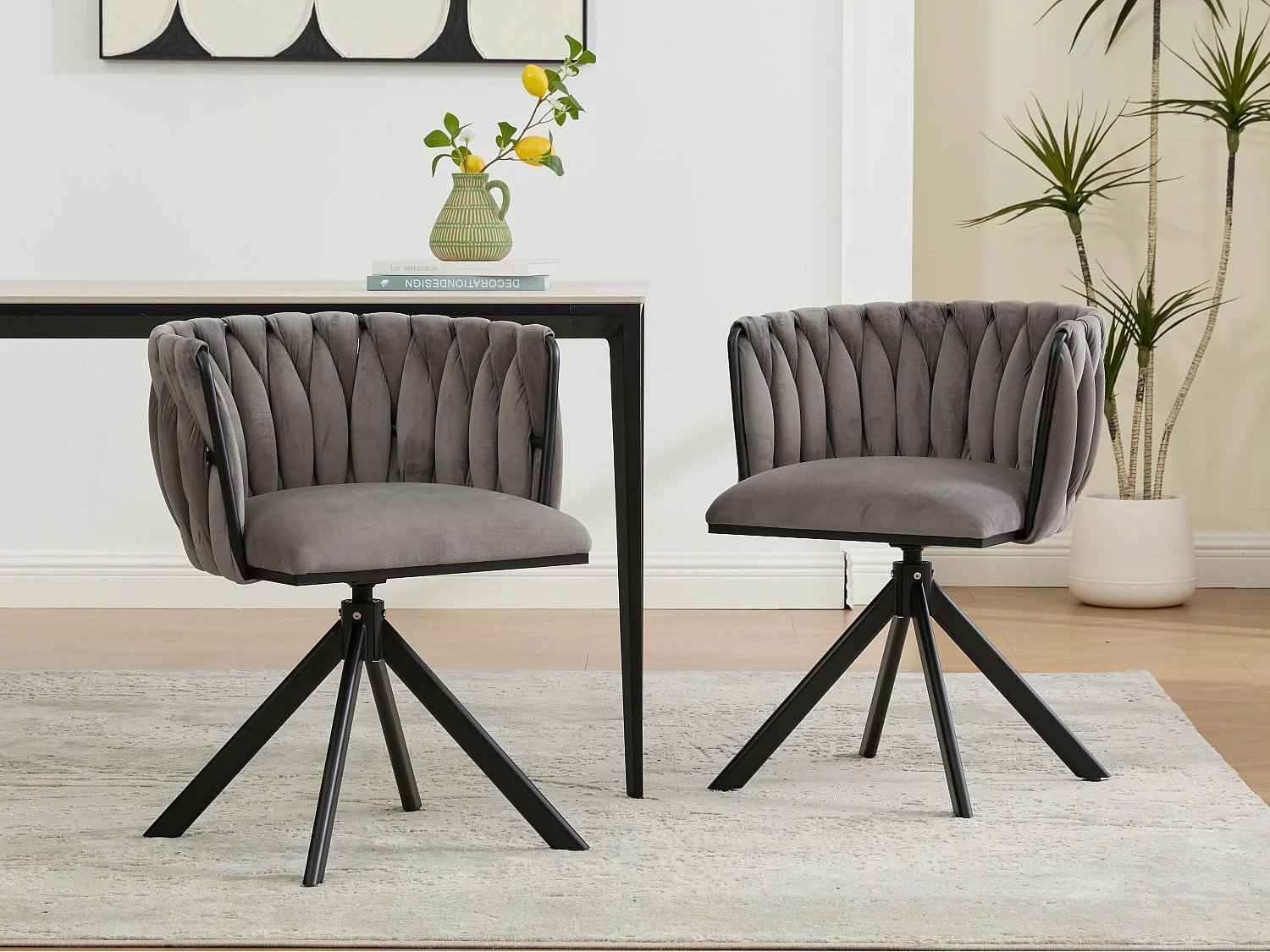 Lot de 2 Chaises pivotante grises - Chaise coquillage avec pieds noirs - Style contemporain