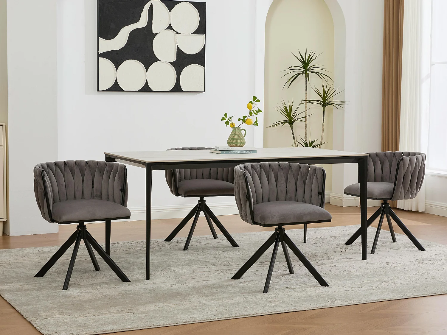 Lot de 2 Chaises pivotante grises - Chaise coquillage avec pieds noirs - Style contemporain