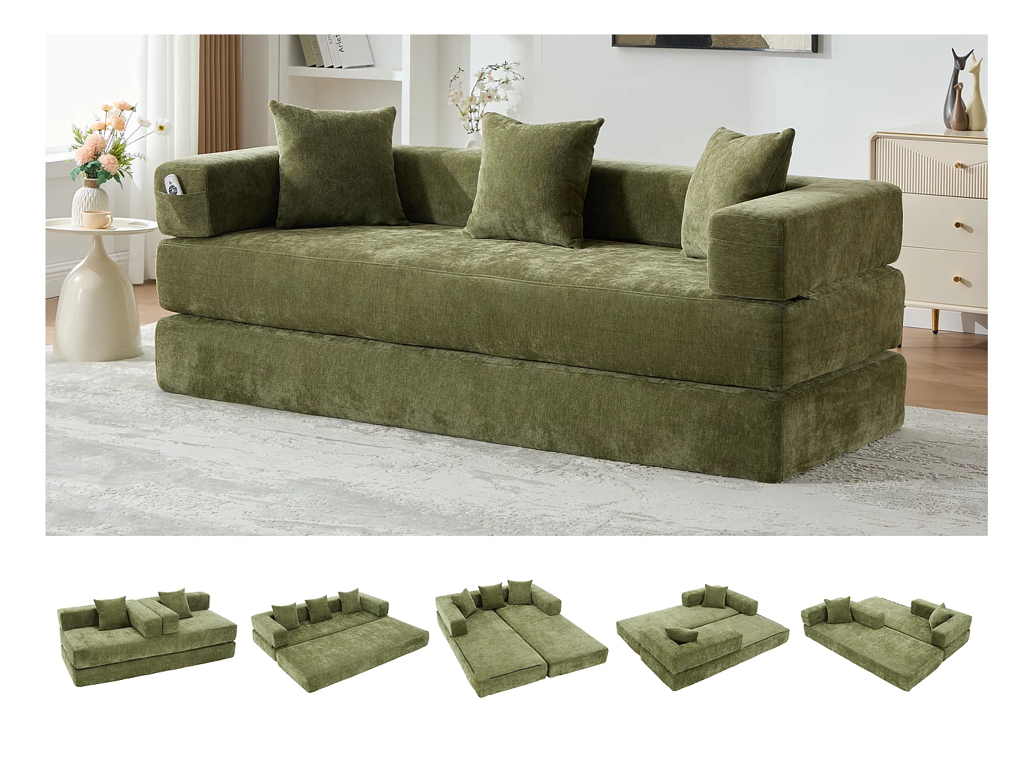 Canapé modulable en chenille vert - Canapé convertible en plusieurs formes - 3 coussins inclus - Parfait pour salon, chambre et bureau