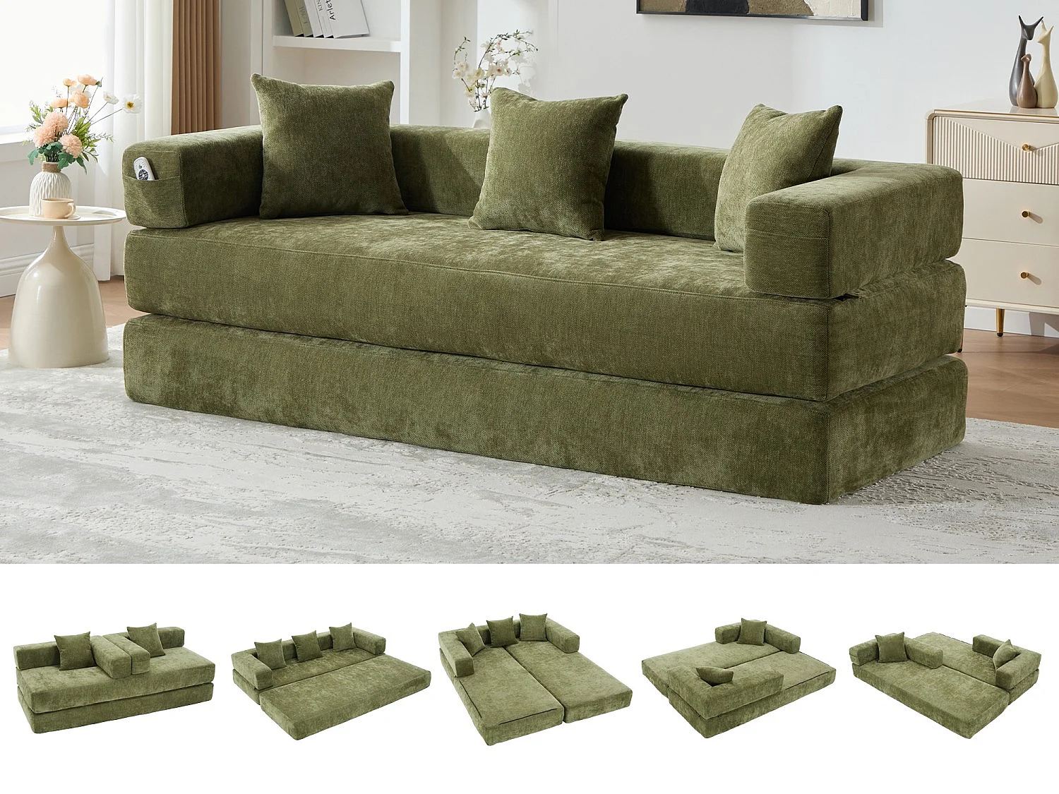 Kaleido 1.0 - Canapé modulable en chenille vert - Canapé convertible en plusieurs formes - 3 coussins inclus - Parfait pour salon, chambre et bureau