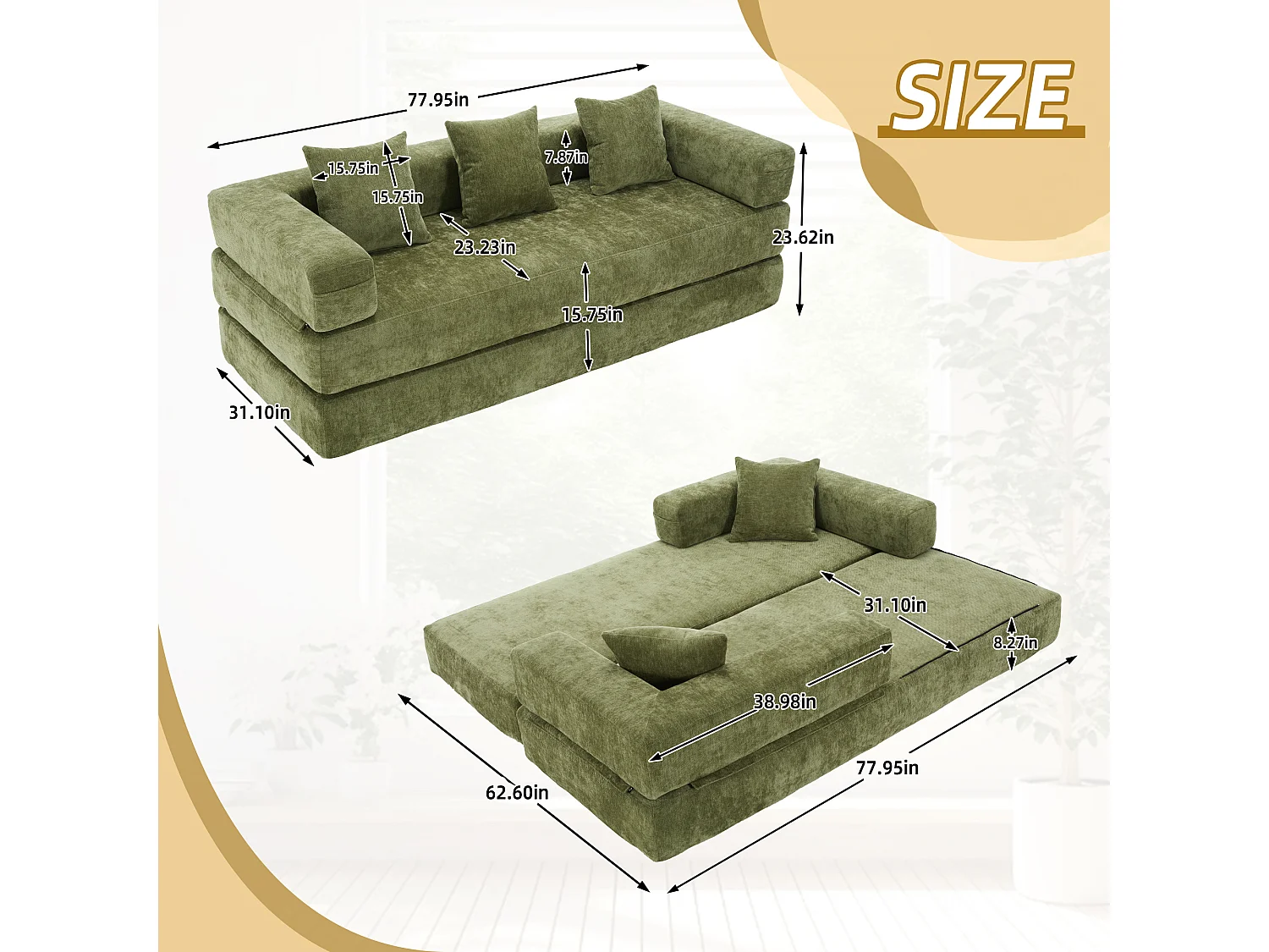 Kaleido 1.0 - Canapé modulable en chenille vert - Canapé convertible en plusieurs formes - 3 coussins inclus - Parfait pour salon, chambre et bureau