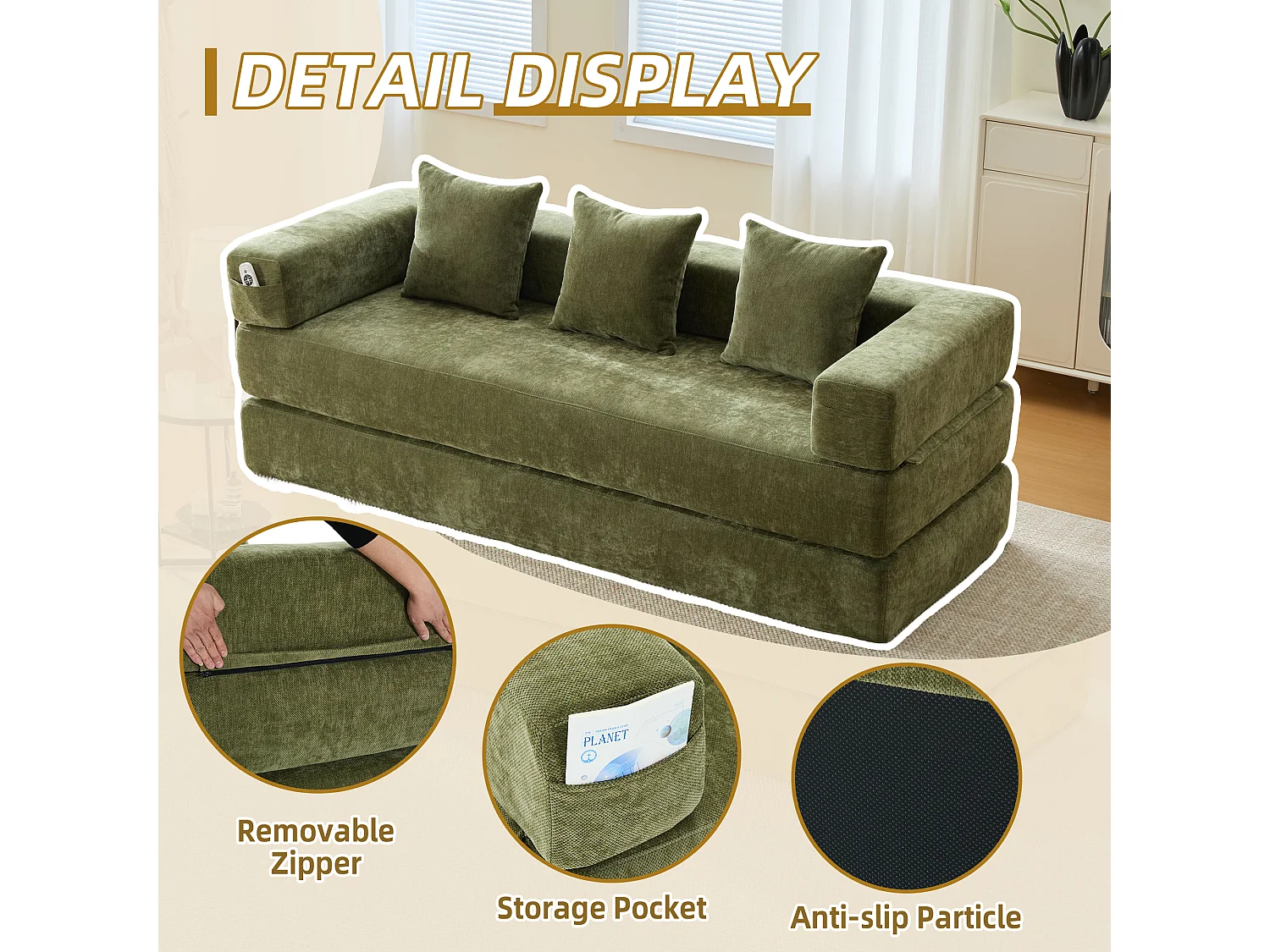 Kaleido 1.0 - Canapé modulable en chenille vert - Canapé convertible en plusieurs formes - 3 coussins inclus - Parfait pour salon, chambre et bureau