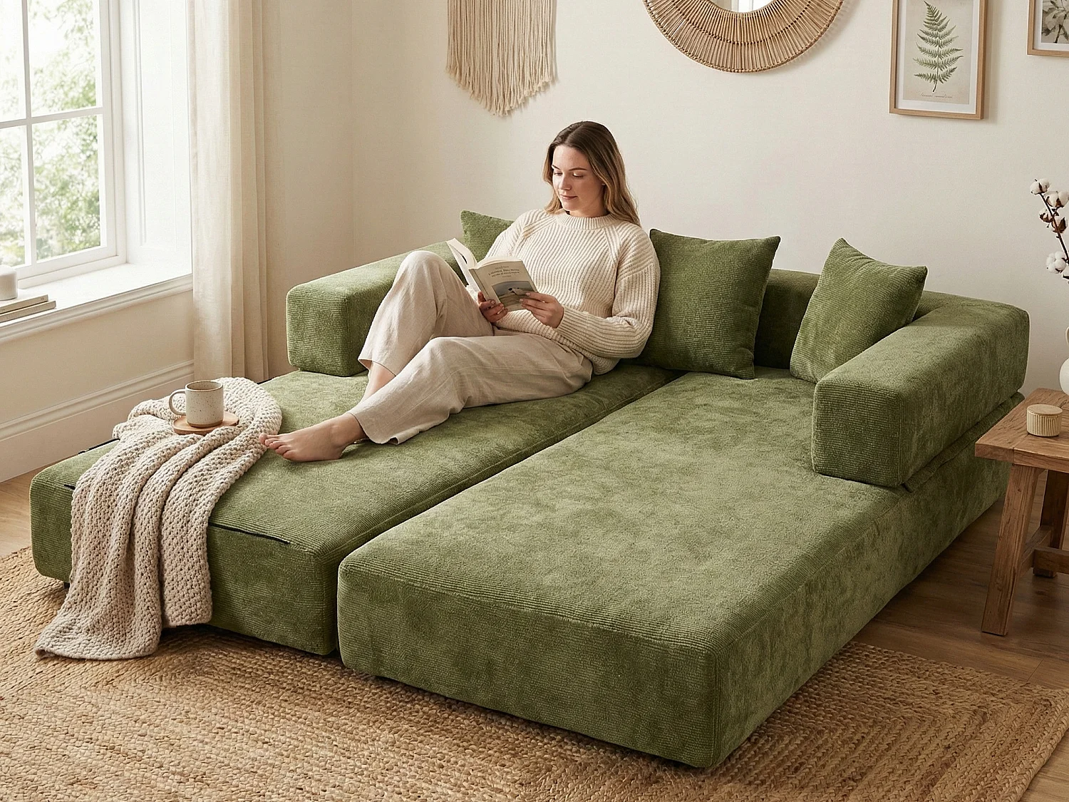 Kaleido 1.0 - Canapé modulable en chenille vert - Canapé convertible en plusieurs formes - 3 coussins inclus - Parfait pour salon, chambre et bureau