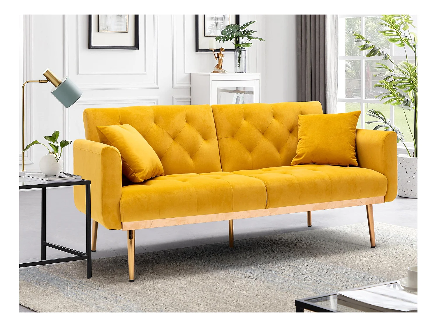 Canapé 2 Places en Tissu Velour Jaune  - avec dossier réglable et pieds dorés - Élégant et pratique pour votre salon