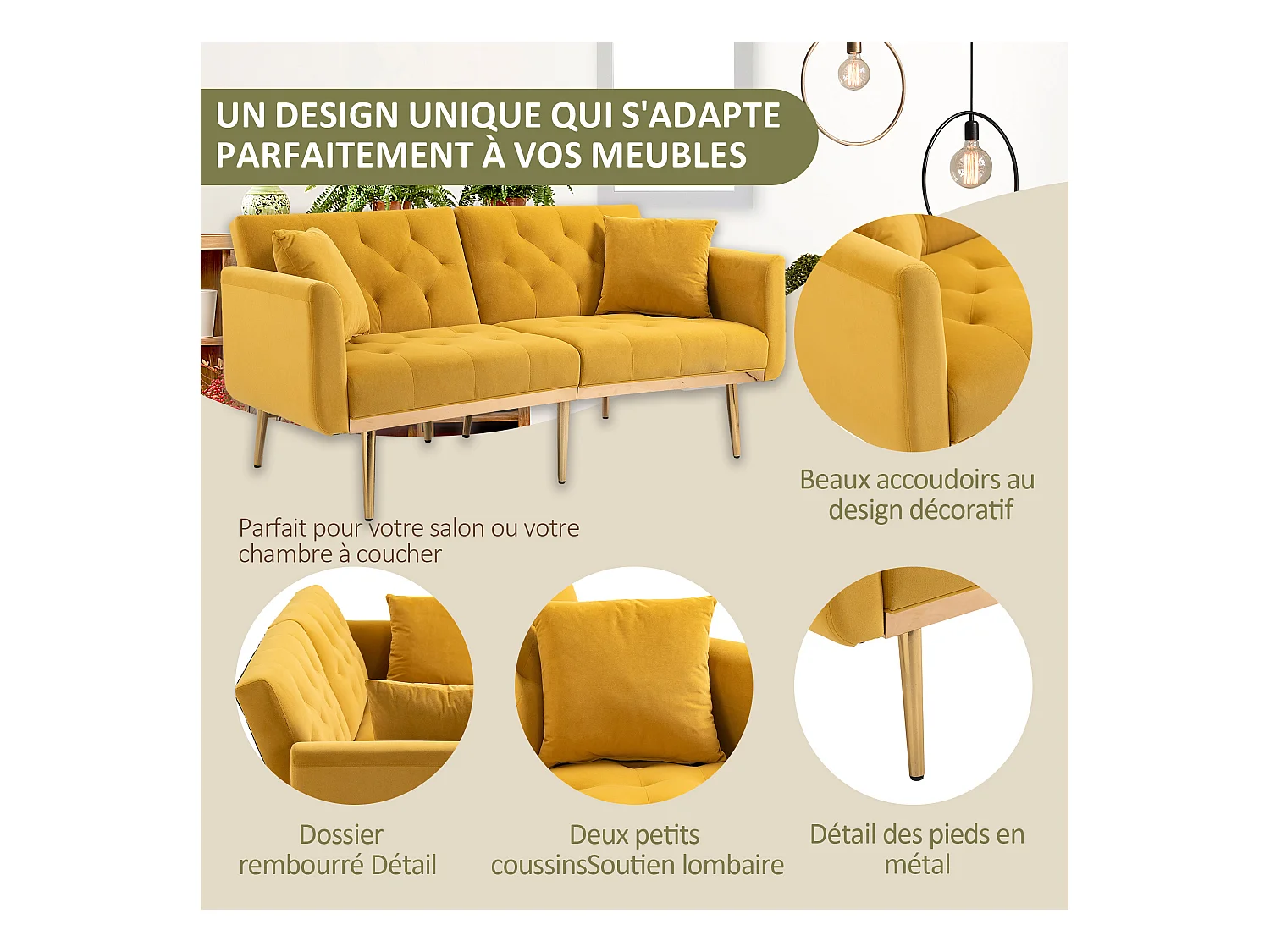Canapé 2 Places en Tissu Velour Jaune  - avec dossier réglable et pieds dorés - Élégant et pratique pour votre salon
