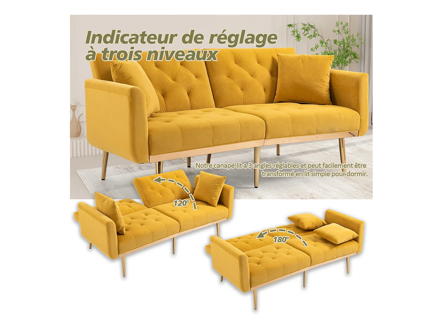 Canapé 2 Places en Tissu Velour Jaune  - avec dossier réglable et pieds dorés - Élégant et pratique pour votre salon