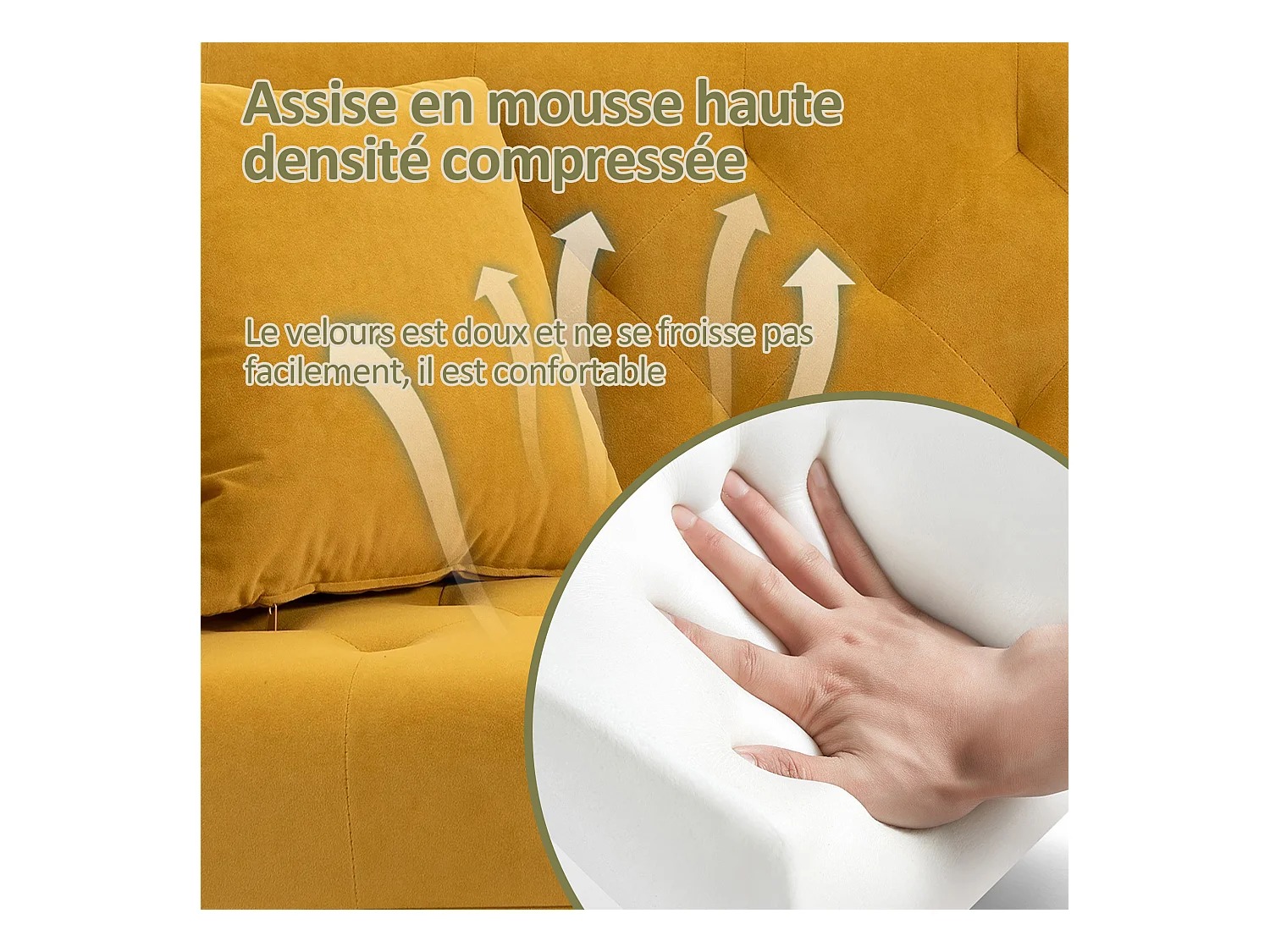 Canapé 2 Places en Tissu Velour Jaune  - avec dossier réglable et pieds dorés - Élégant et pratique pour votre salon
