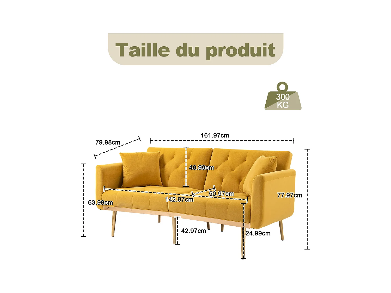 Canapé 2 Places en Tissu Velour Jaune  - avec dossier réglable et pieds dorés - Élégant et pratique pour votre salon