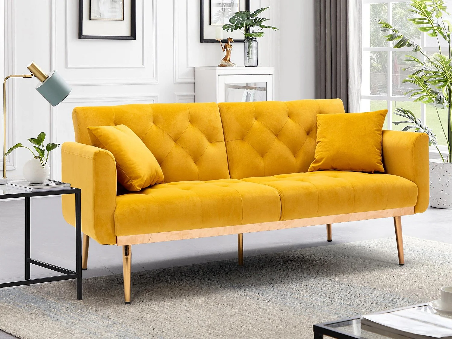 Canapé 2 Places en Tissu Velour Jaune  - avec dossier réglable et pieds dorés - Élégant et pratique pour votre salon