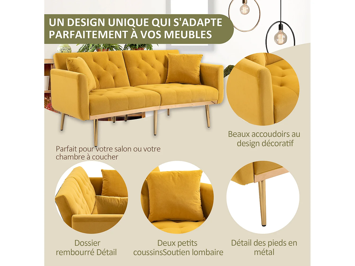 Canapé 2 Places en Tissu Velour Jaune  - avec dossier réglable et pieds dorés - Élégant et pratique pour votre salon