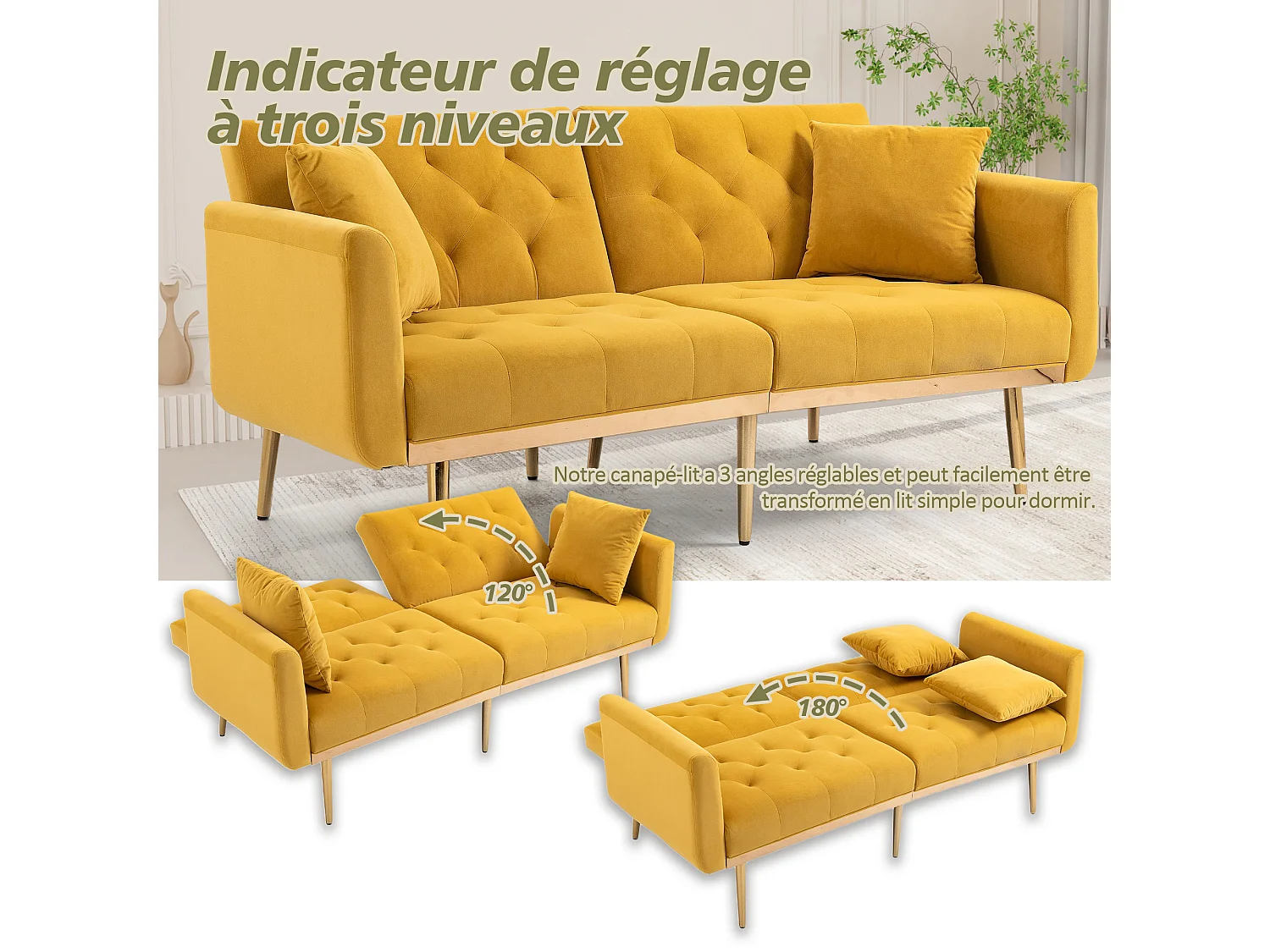 Canapé 2 Places en Tissu Velour Jaune  - avec dossier réglable et pieds dorés - Élégant et pratique pour votre salon
