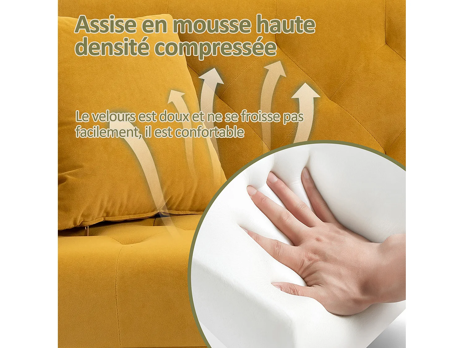 Canapé 2 Places en Tissu Velour Jaune  - avec dossier réglable et pieds dorés - Élégant et pratique pour votre salon