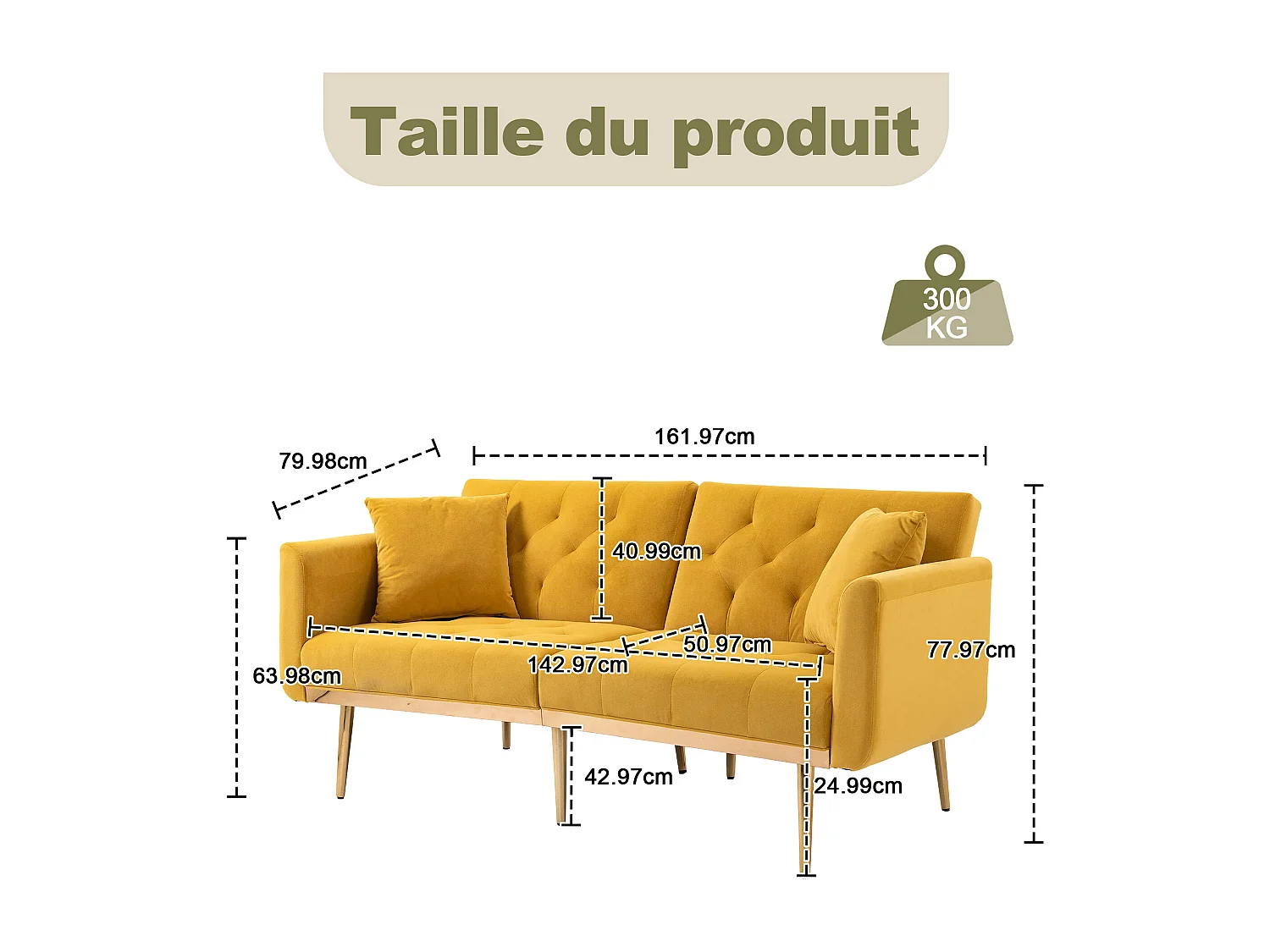 Canapé 2 Places en Tissu Velour Jaune  - avec dossier réglable et pieds dorés - Élégant et pratique pour votre salon