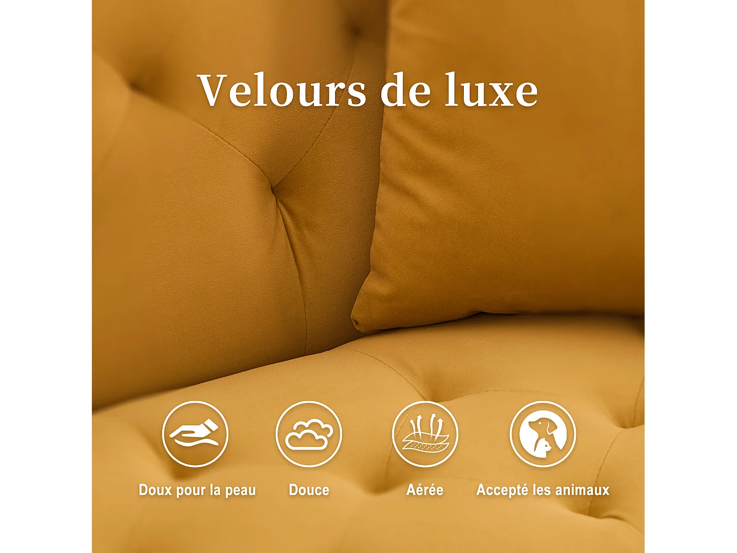 Canapé 2 Places en Tissu Velour Jaune  - avec dossier réglable et pieds dorés - Élégant et pratique pour votre salon