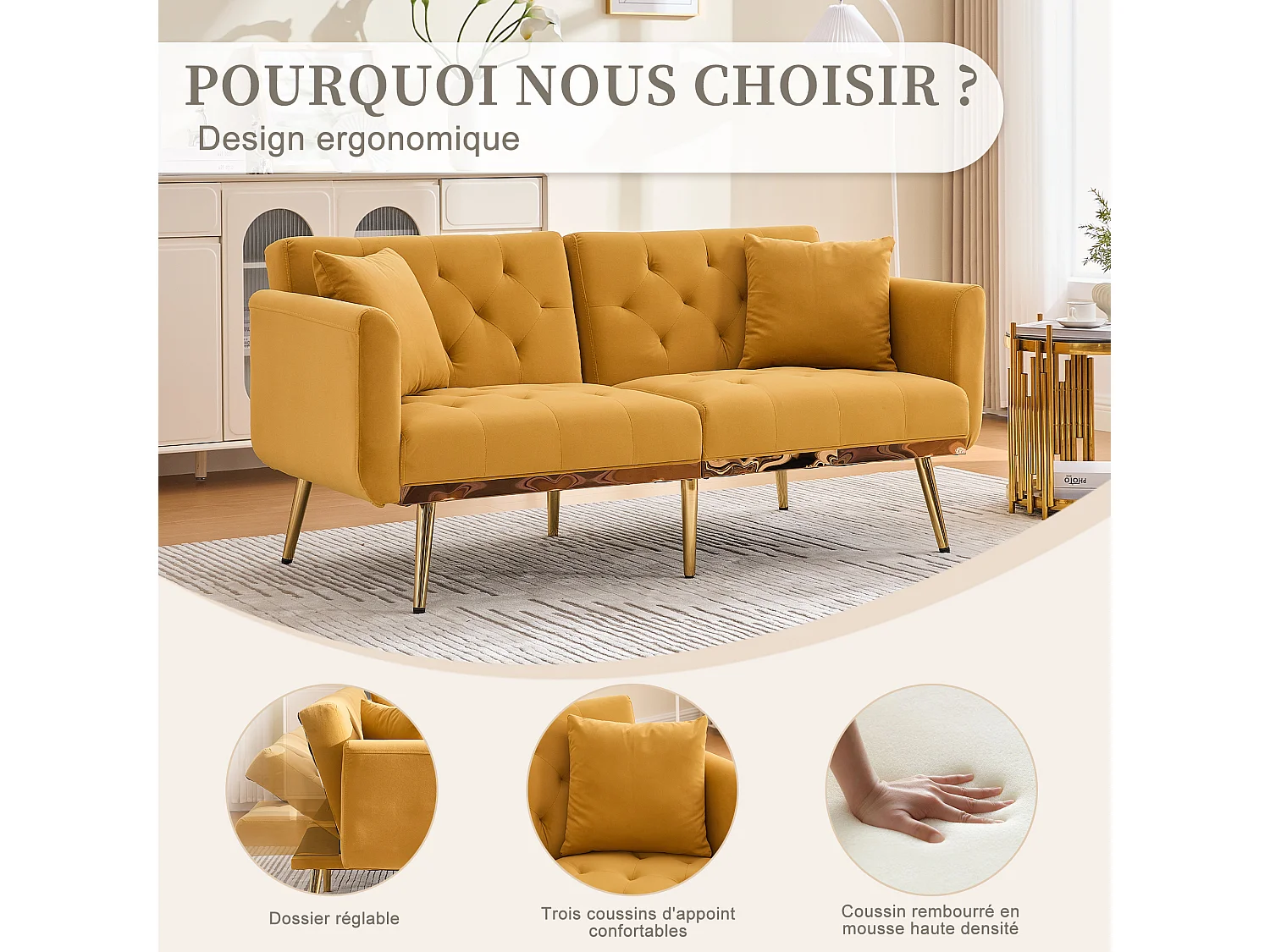 Canapé 2 Places en Tissu Velour Jaune  - avec dossier réglable et pieds dorés - Élégant et pratique pour votre salon