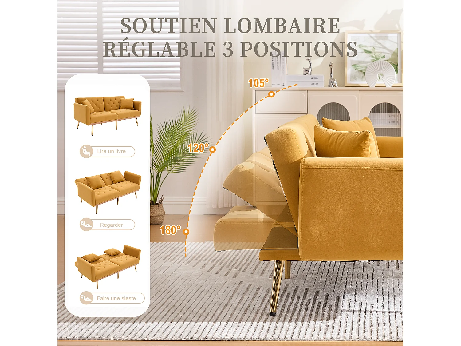 Canapé 2 Places en Tissu Velour Jaune  - avec dossier réglable et pieds dorés - Élégant et pratique pour votre salon