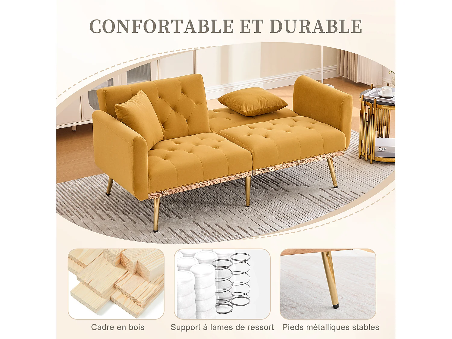 Canapé 2 Places en Tissu Velour Jaune  - avec dossier réglable et pieds dorés - Élégant et pratique pour votre salon