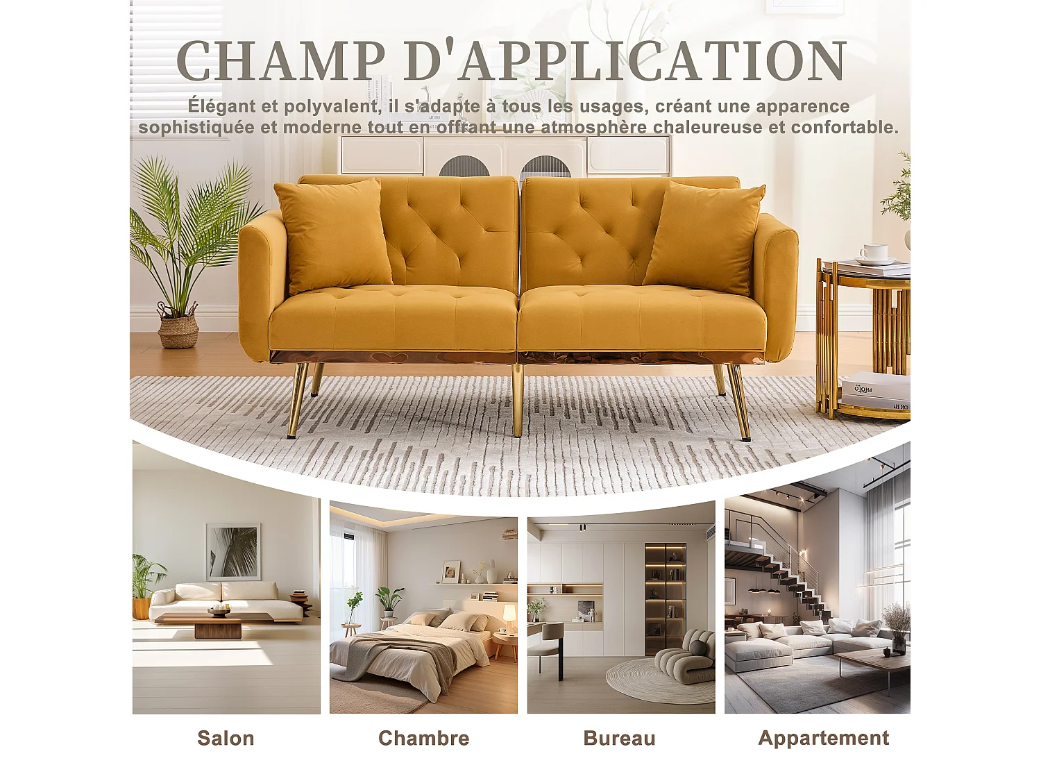 Canapé 2 Places en Tissu Velour Jaune  - avec dossier réglable et pieds dorés - Élégant et pratique pour votre salon