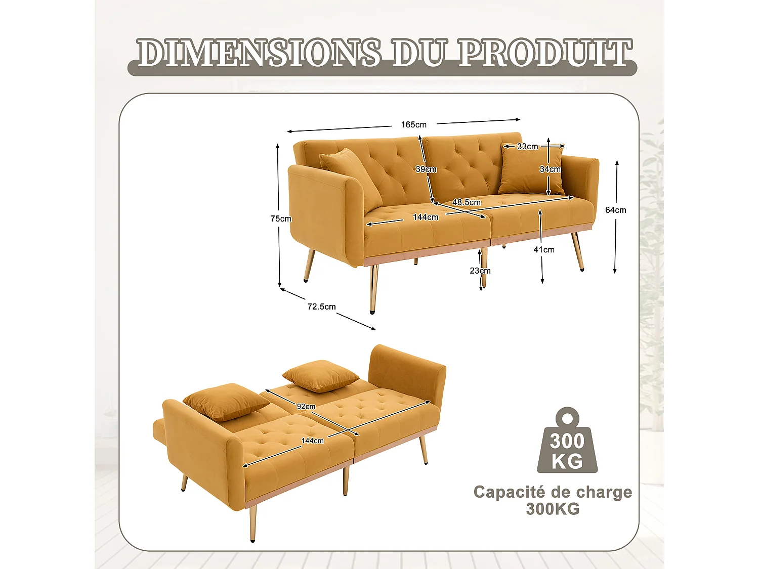 Canapé 2 Places en Tissu Velour Jaune  - avec dossier réglable et pieds dorés - Élégant et pratique pour votre salon