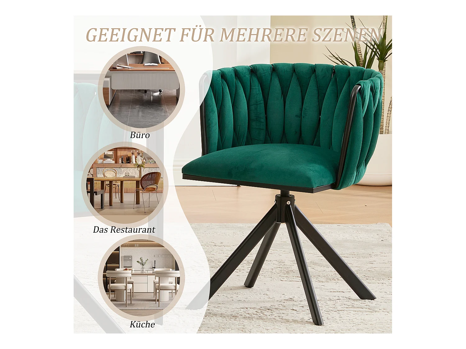 Lot de 2 Chaises pivotante vertes - Chaise coquillage avec pieds noirs - Style contemporain