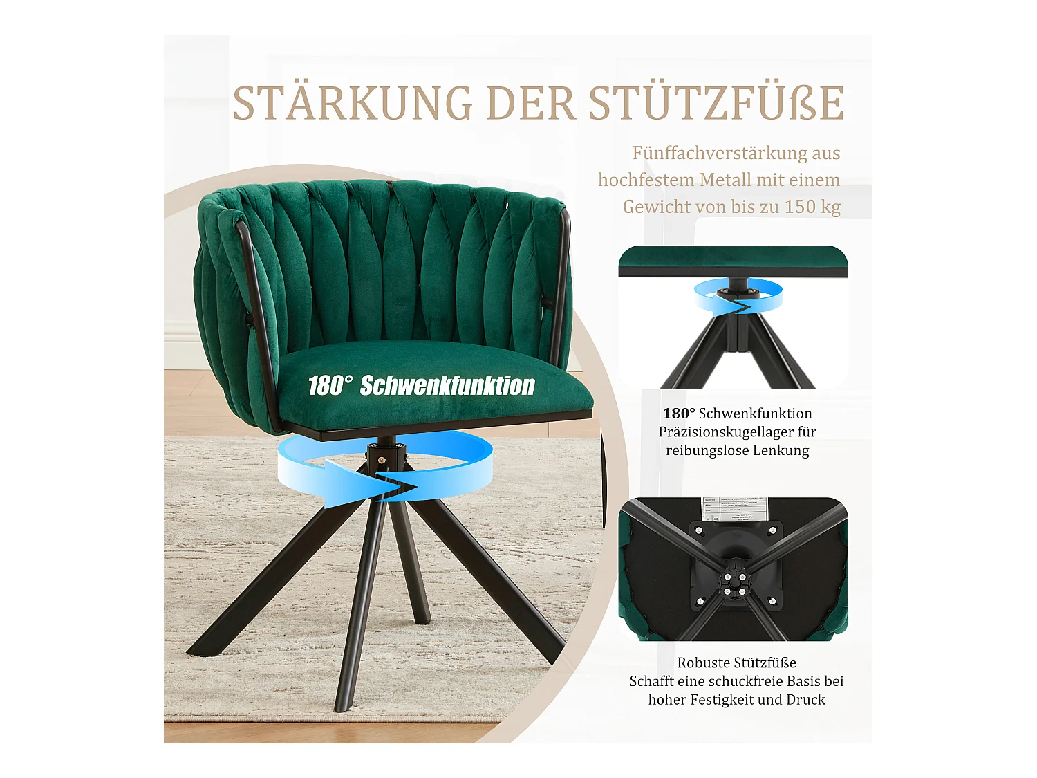 Lot de 2 Chaises pivotante vertes - Chaise coquillage avec pieds noirs - Style contemporain