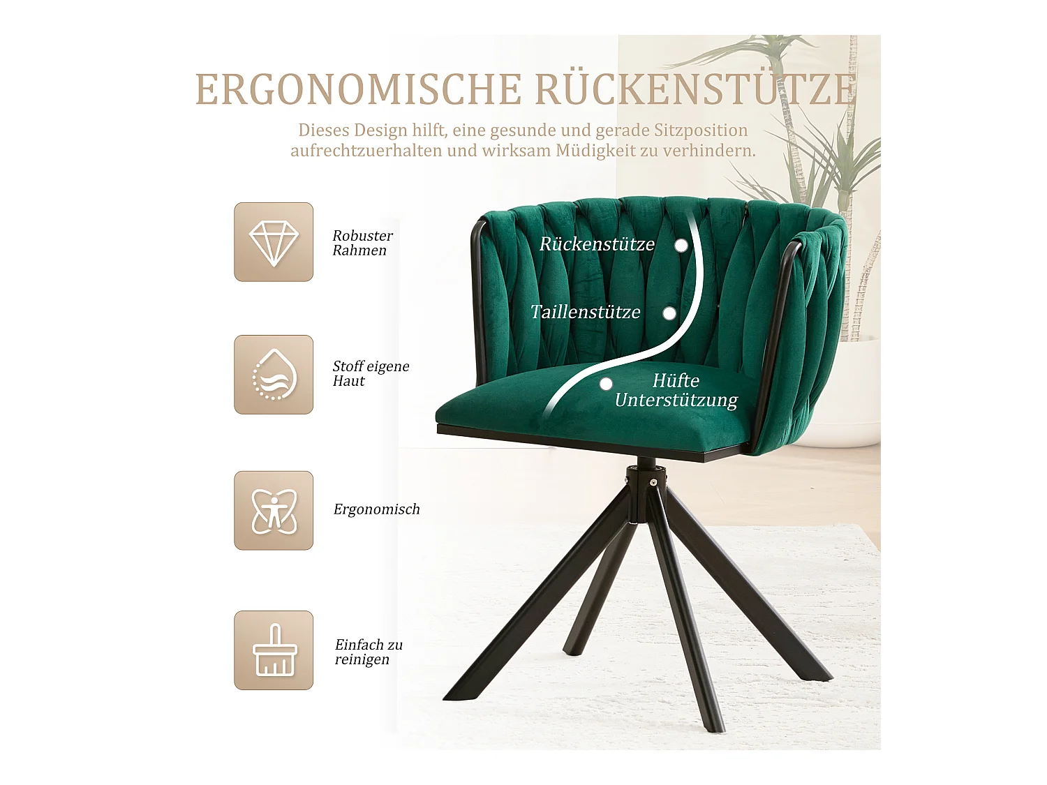 Lot de 2 Chaises pivotante vertes - Chaise coquillage avec pieds noirs - Style contemporain