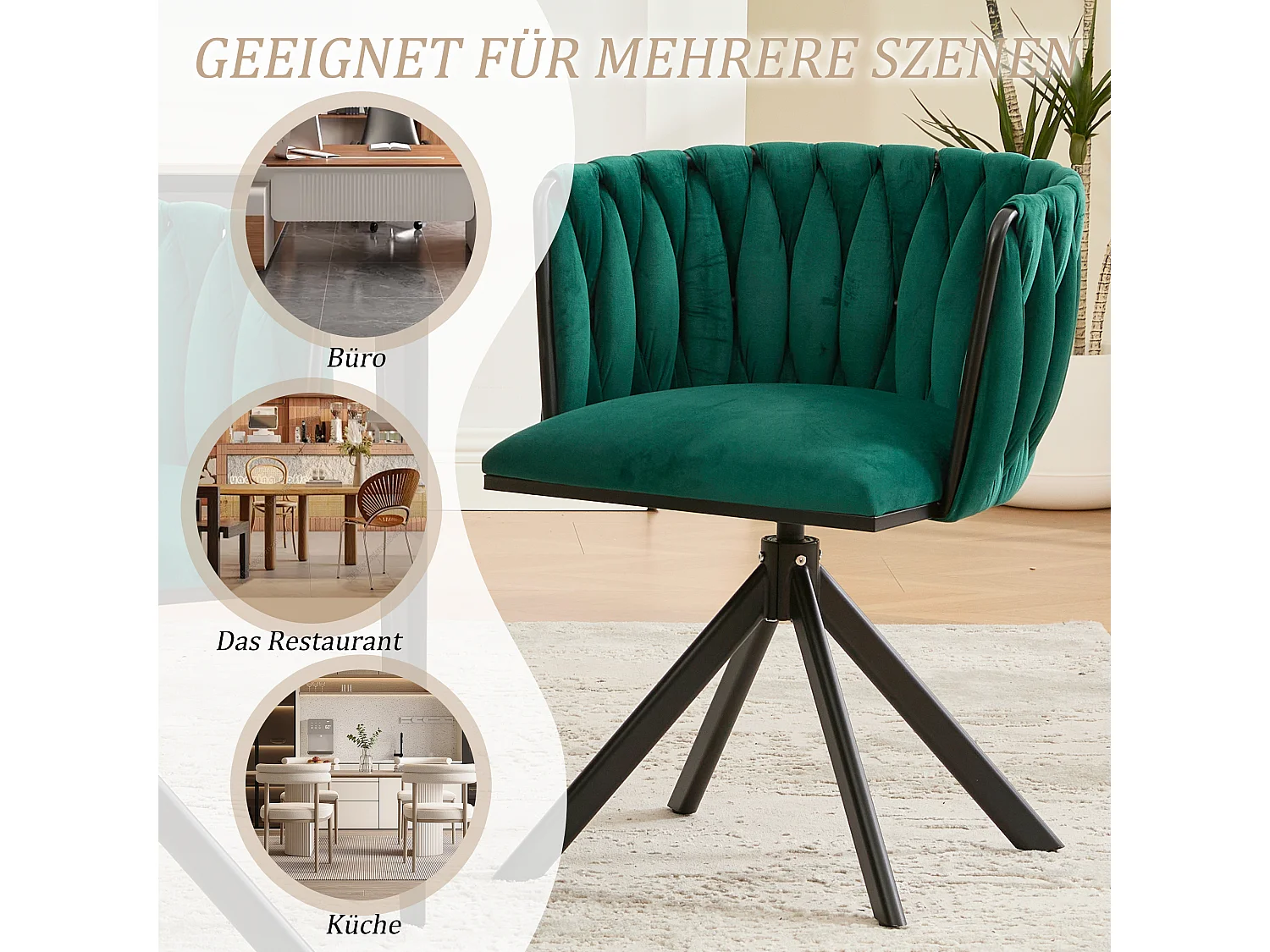 Lot de 2 Chaises pivotante vertes - Chaise coquillage avec pieds noirs - Style contemporain