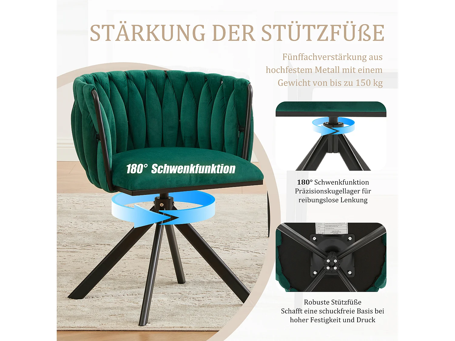 Lot de 2 Chaises pivotante vertes - Chaise coquillage avec pieds noirs - Style contemporain