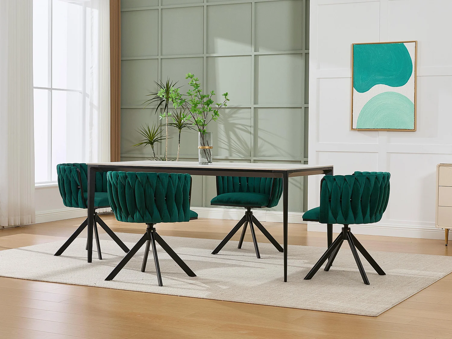 Lot de 2 Chaises pivotante vertes - Chaise coquillage avec pieds noirs - Style contemporain