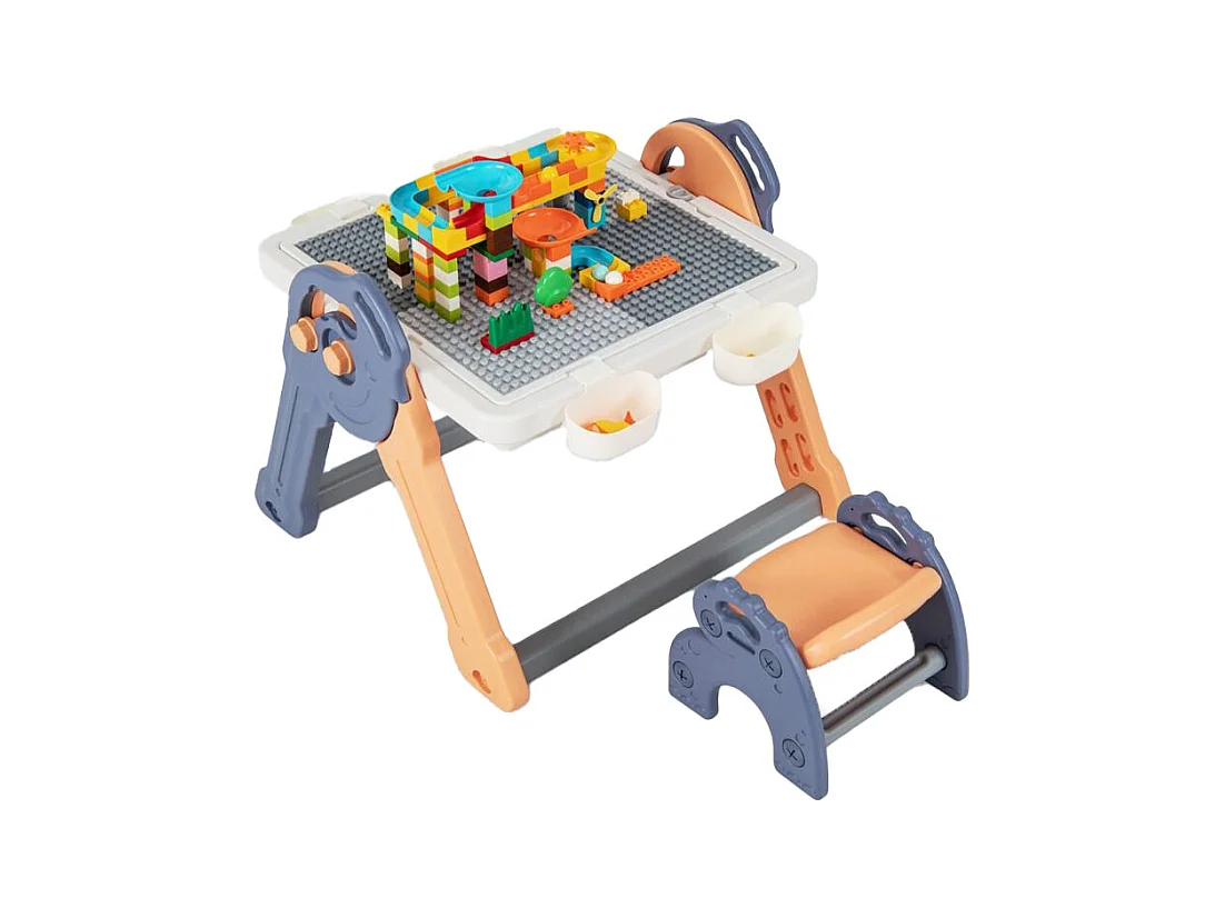 6 en 1 Table Enfant Pliable avec Chaise et Plateau Double Face & Réglable Chevalet Enfants en HDPE avec 105 Blocs & 6 Marqueurs & 1 Gomme Charge 75kg