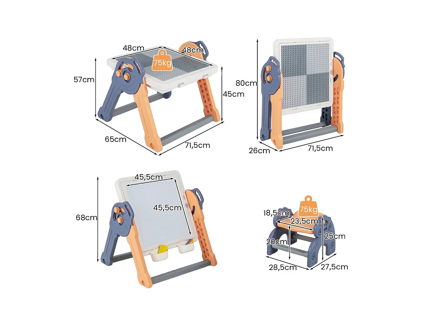 6 en 1 Table Enfant Pliable avec Chaise et Plateau Double Face & Réglable Chevalet Enfants en HDPE avec 105 Blocs & 6 Marqueurs & 1 Gomme Charge 75kg
