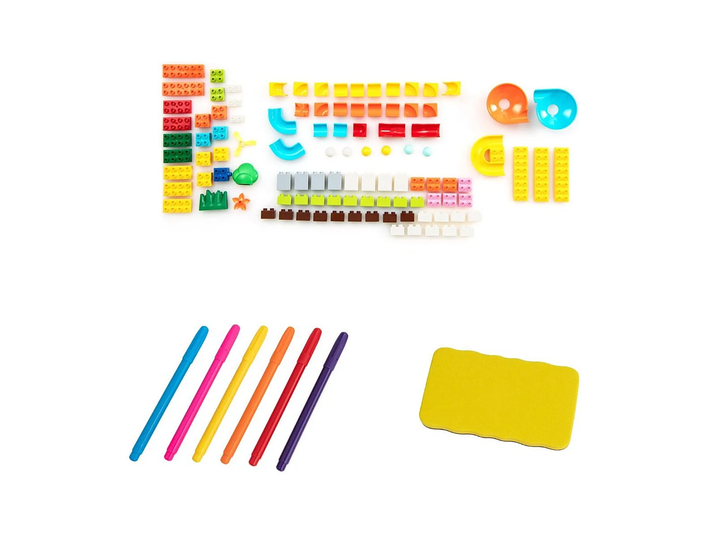 6 en 1 Table Enfant Pliable avec Chaise et Plateau Double Face & Réglable Chevalet Enfants en HDPE avec 105 Blocs & 6 Marqueurs & 1 Gomme Charge 75kg