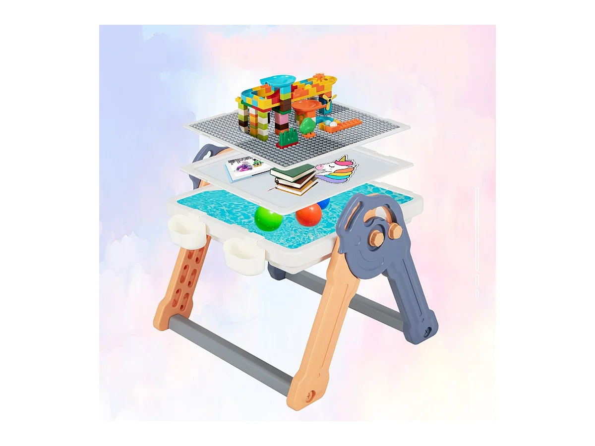 6 en 1 Table Enfant Pliable avec Chaise et Plateau Double Face & Réglable Chevalet Enfants en HDPE avec 105 Blocs & 6 Marqueurs & 1 Gomme Charge 75kg