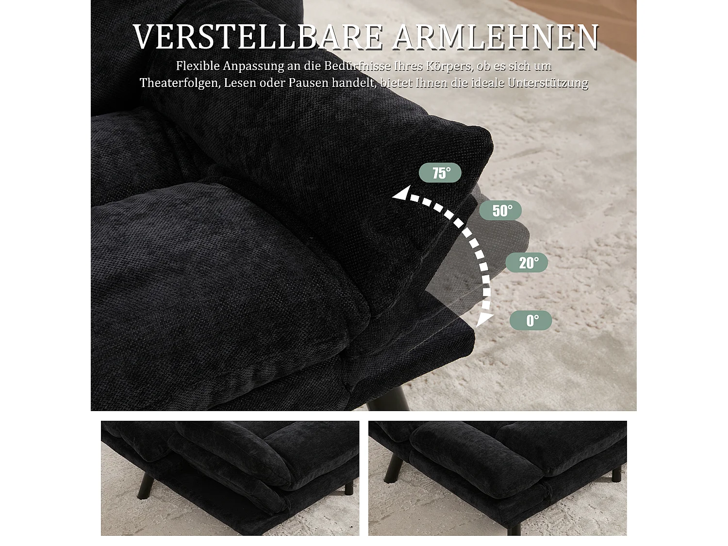 Canapé convertible 2 places noir en tissu chenille - avec fonction rabattable - Confort et praticité, idéal pour salon, chambre ou petit espace