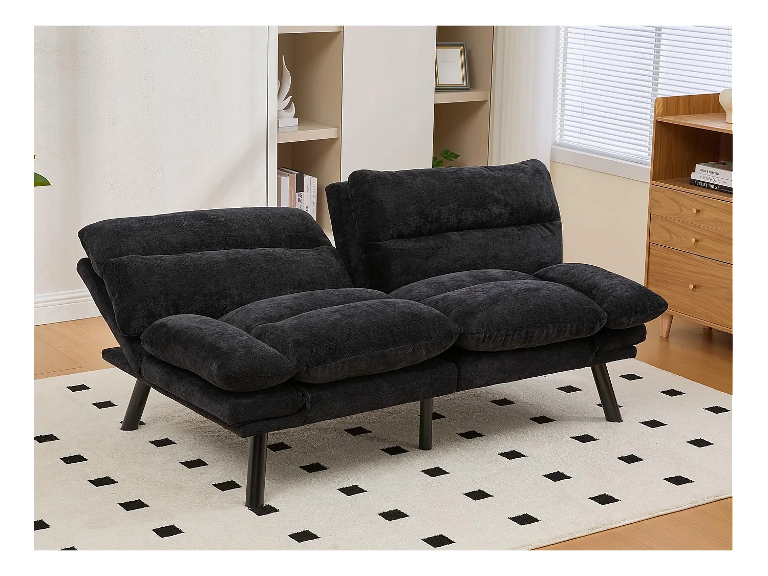 Canapé convertible 2 places noir en tissu chenille - avec fonction rabattable - Confort et praticité, idéal pour salon, chambre ou petit espace