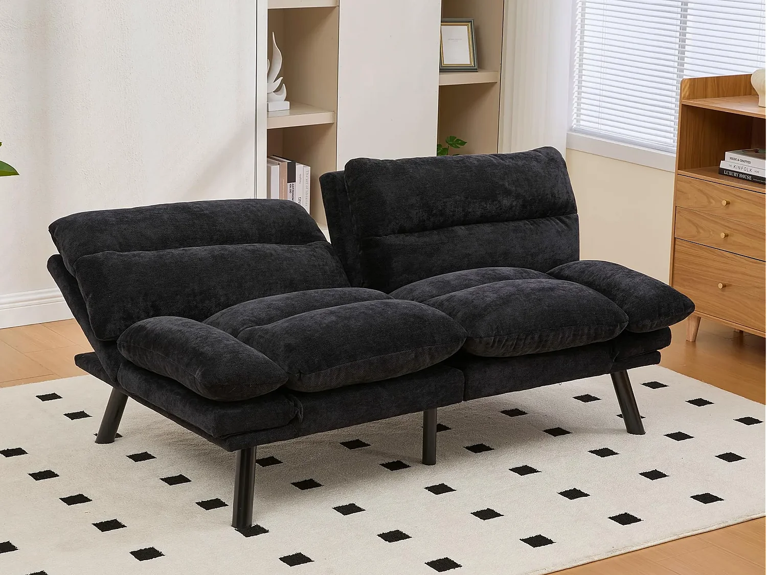 Canapé convertible 2 places noir en tissu chenille - avec fonction rabattable - Confort et praticité, idéal pour salon, chambre ou petit espace