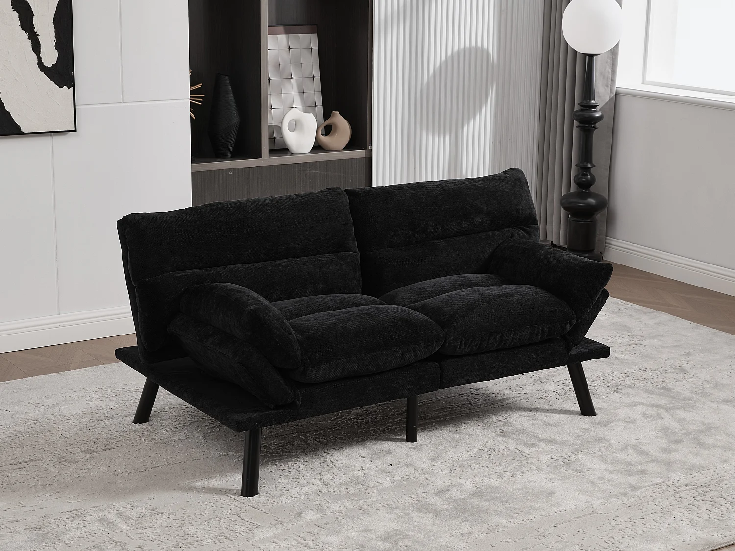 Canapé convertible 2 places noir en tissu chenille - avec fonction rabattable - Confort et praticité, idéal pour salon, chambre ou petit espace