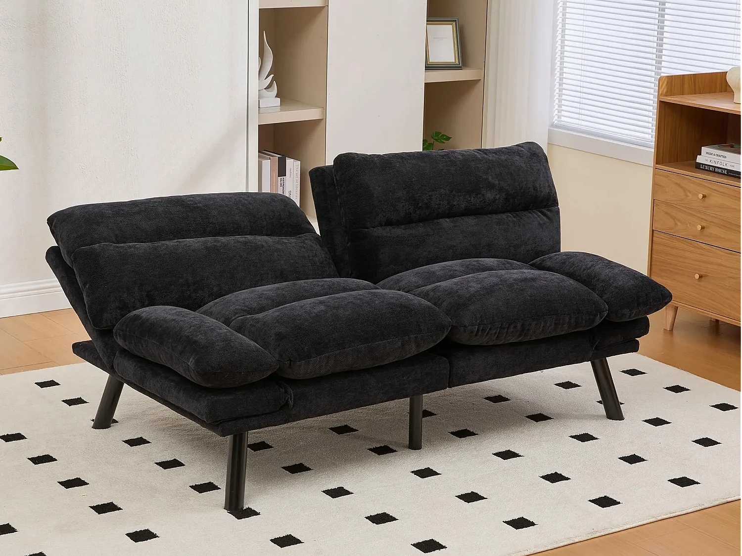 Canapé convertible 2 places noir en tissu chenille - avec fonction rabattable - Confort et praticité, idéal pour salon, chambre ou petit espace