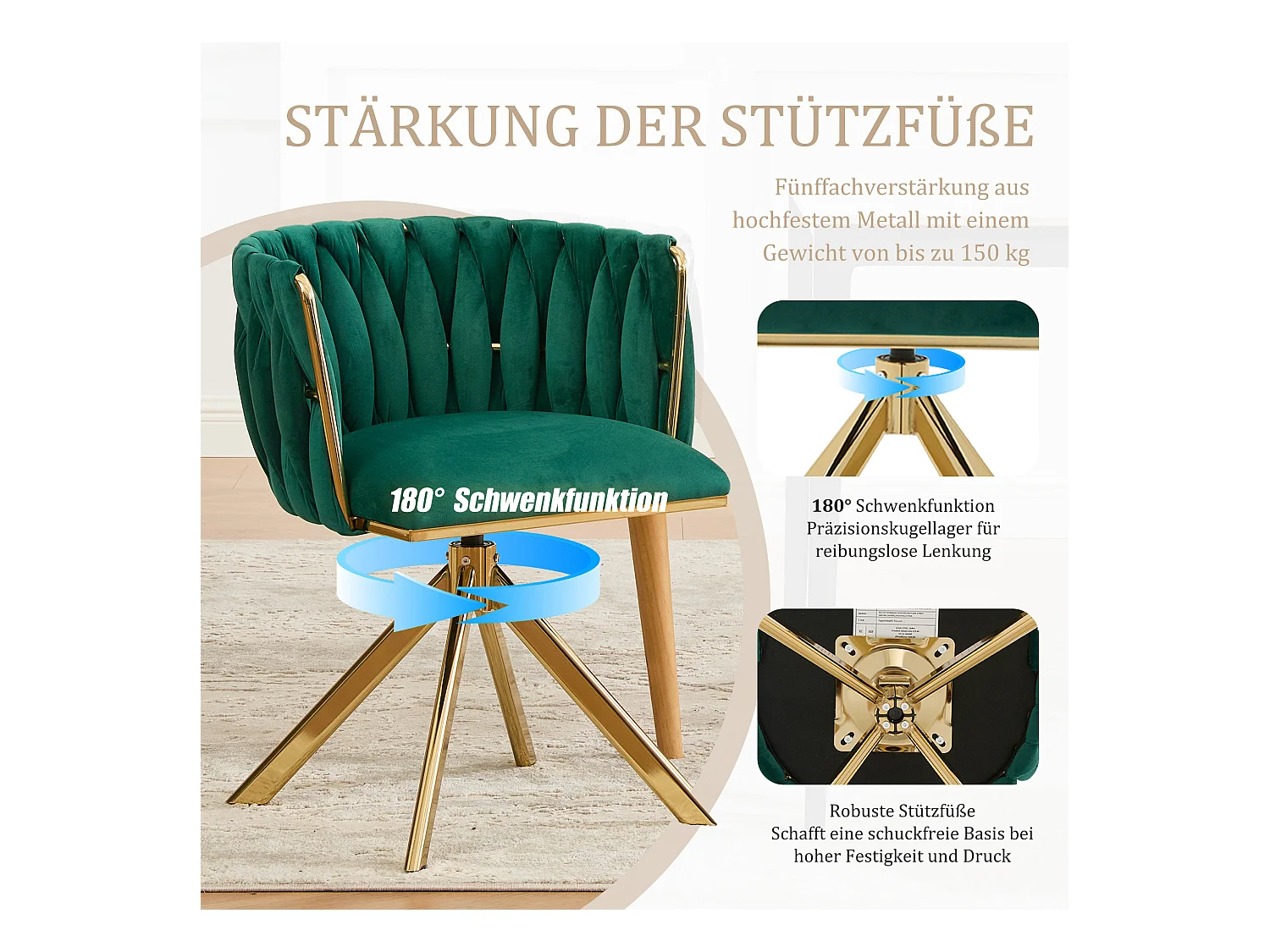 Lot de 4 Chaises pivotante vertes - Chaise coquillage avec pieds en métal doré - Style contemporain