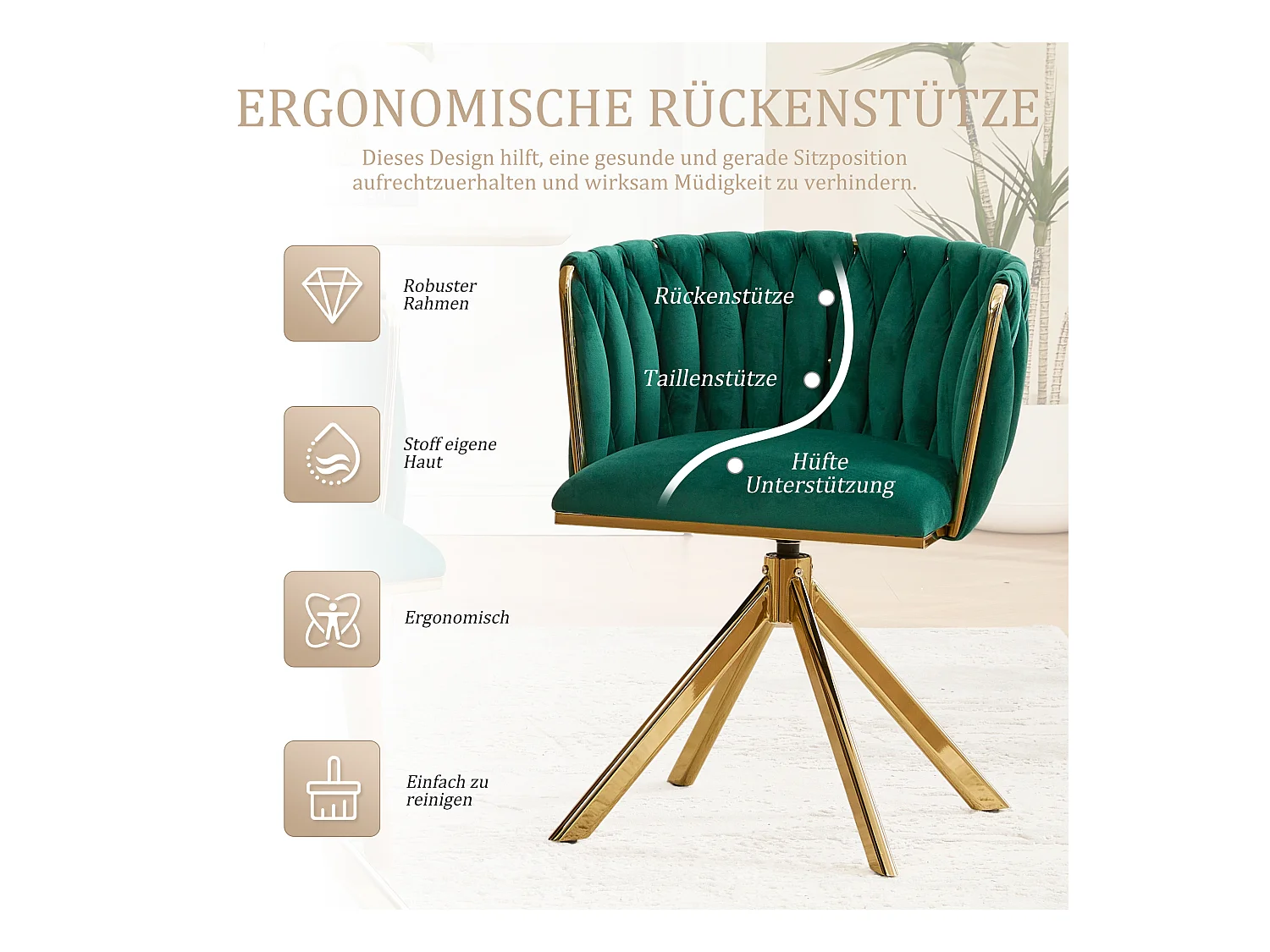 Lot de 4 Chaises pivotante vertes - Chaise coquillage avec pieds en métal doré - Style contemporain