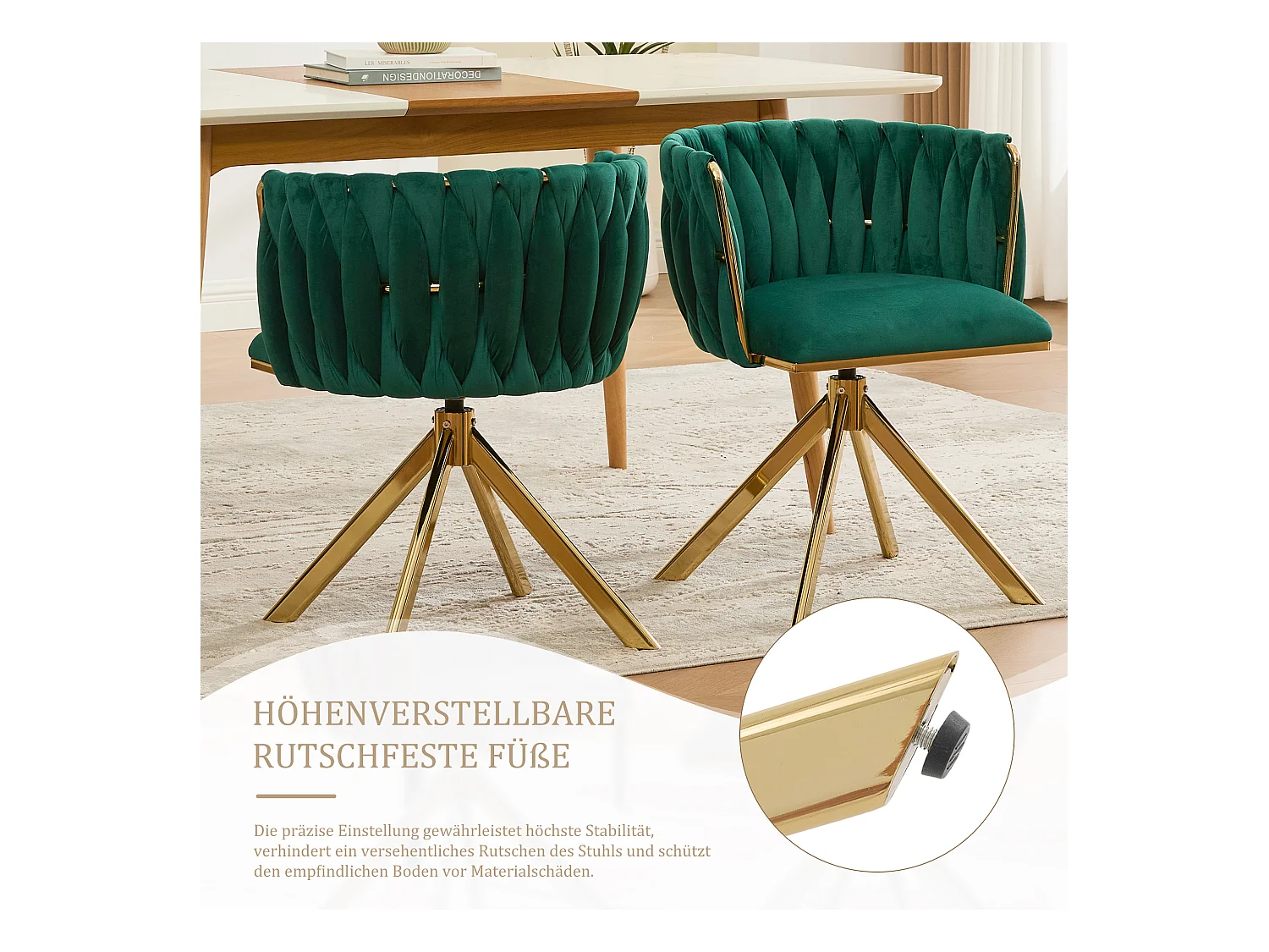 Lot de 4 Chaises pivotante vertes - Chaise coquillage avec pieds en métal doré - Style contemporain