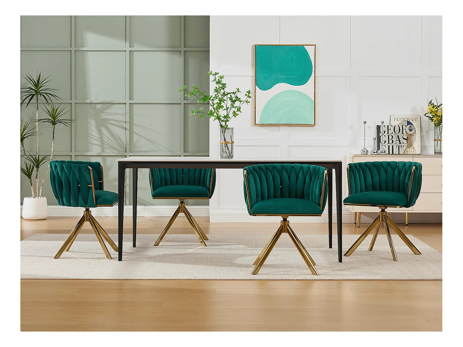 Lot de 4 Chaises pivotante vertes - Chaise coquillage avec pieds en métal doré - Style contemporain