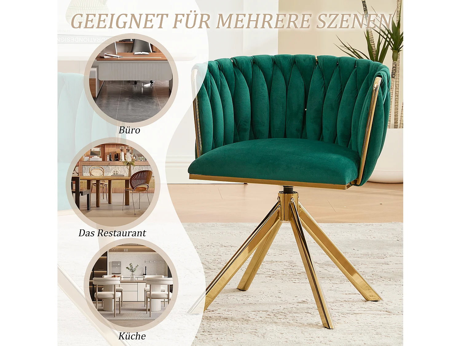 Set van 4 groene draaistoelen - Schelpstoel met gouden metalen poten - Hedendaagse stijl